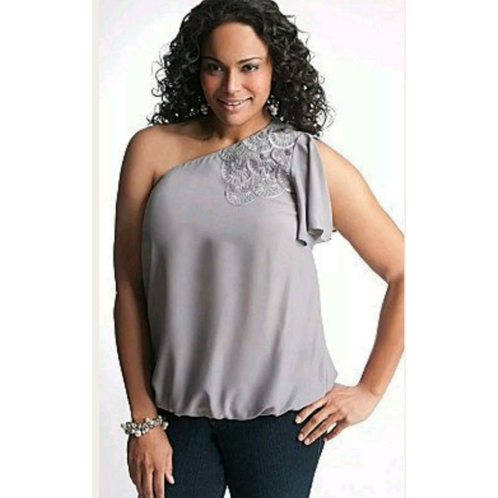 Lane Bryant One Shoulder Gray Embellished Blouse